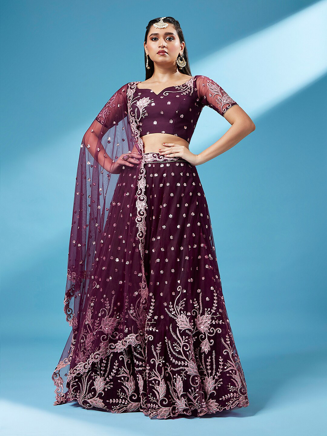 panchhi Embroidered Sequinned Semi-Stitched Lehenga & Unstitched Blouse With Dupatta, Burgundy 
panchhi Embroidered Sequinned Semi-Stitched Lehenga & Unstitched Blouse With Dupatta, Burgundy