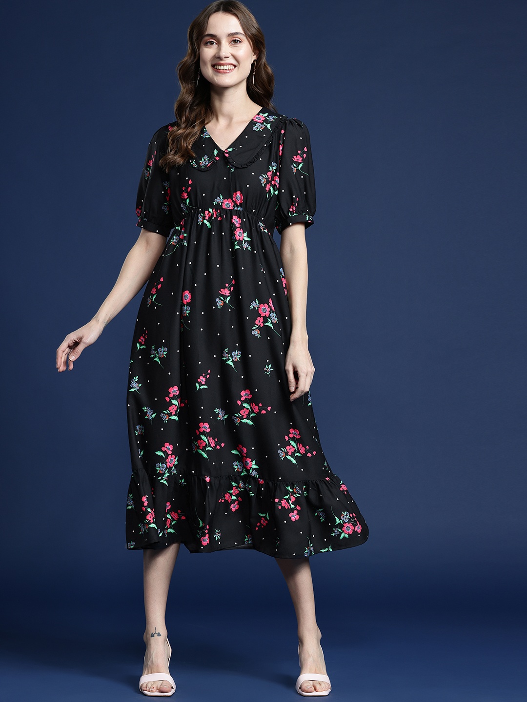 Mast & Harbour Black & Pink Floral Print Peter Pan Collar Puff Sleeve A-Line Midi Dress
Mast & Harbour Black & Pink Floral Print Peter Pan Collar Puff Sleeve A-Line Midi Dress