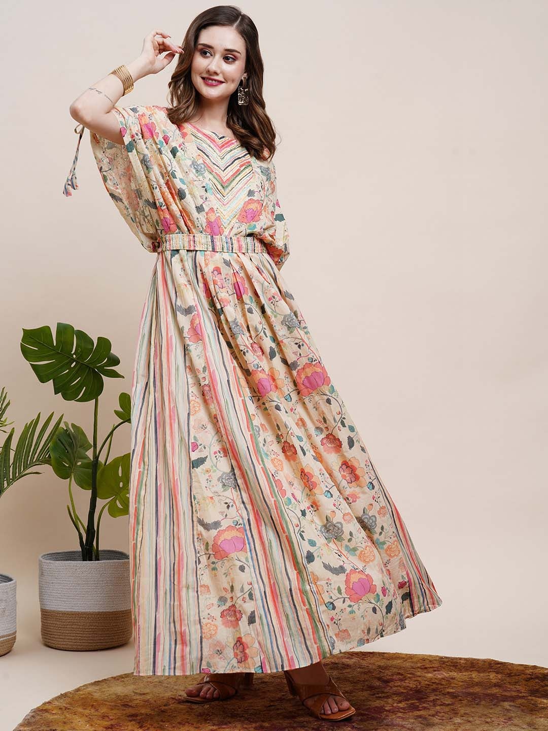 FASHOR Cream-Coloured Floral Printed Self Designed Embellished Detailed Cotton Maxi Dress
FASHOR Cream-Coloured Floral Printed Self Designed Embellished Detailed Cotton Maxi Dress