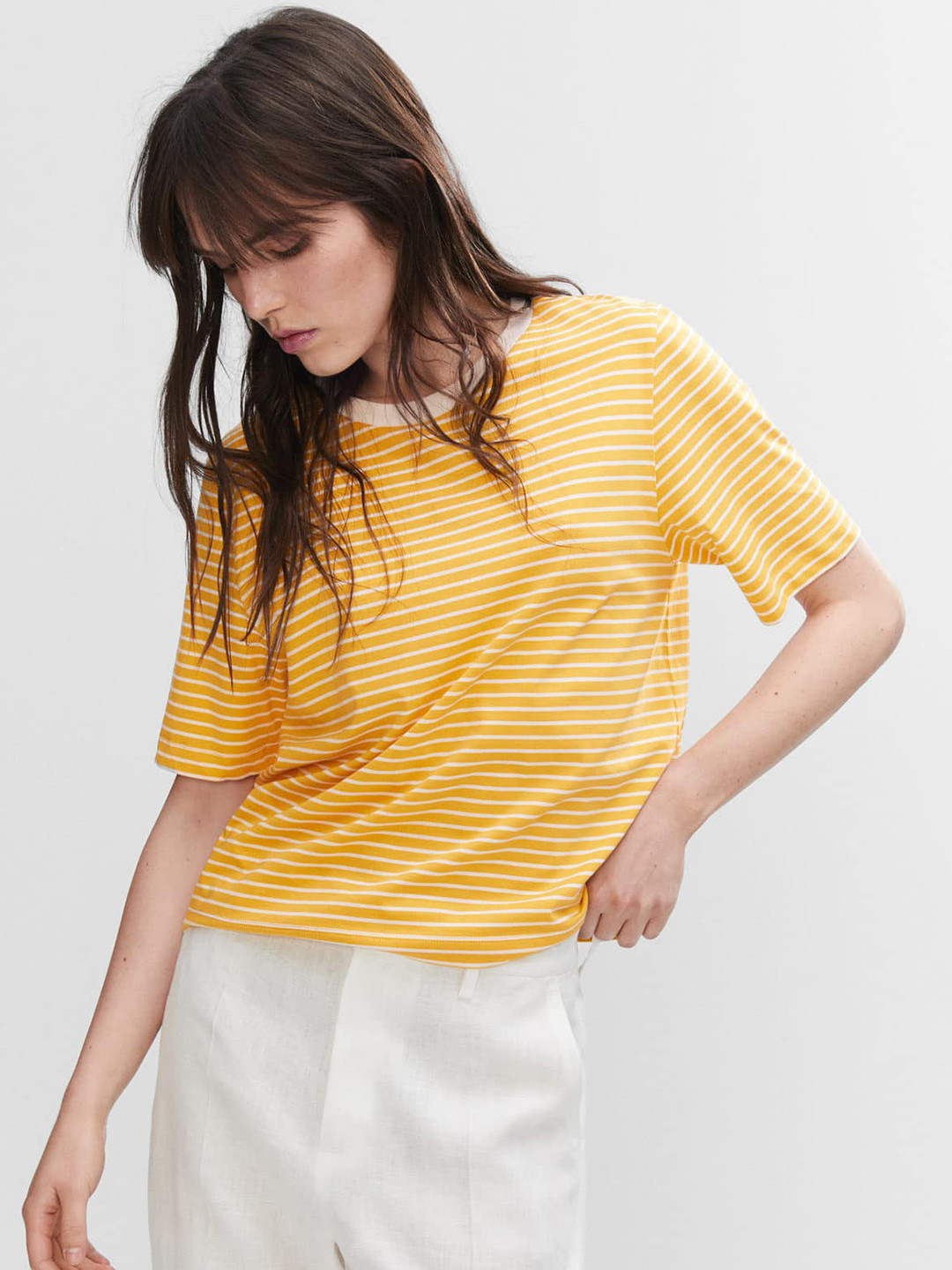 MANGO Striped Pure Cotton T-shirt, Mustard
MANGO Striped Pure Cotton T-shirt, Mustard
