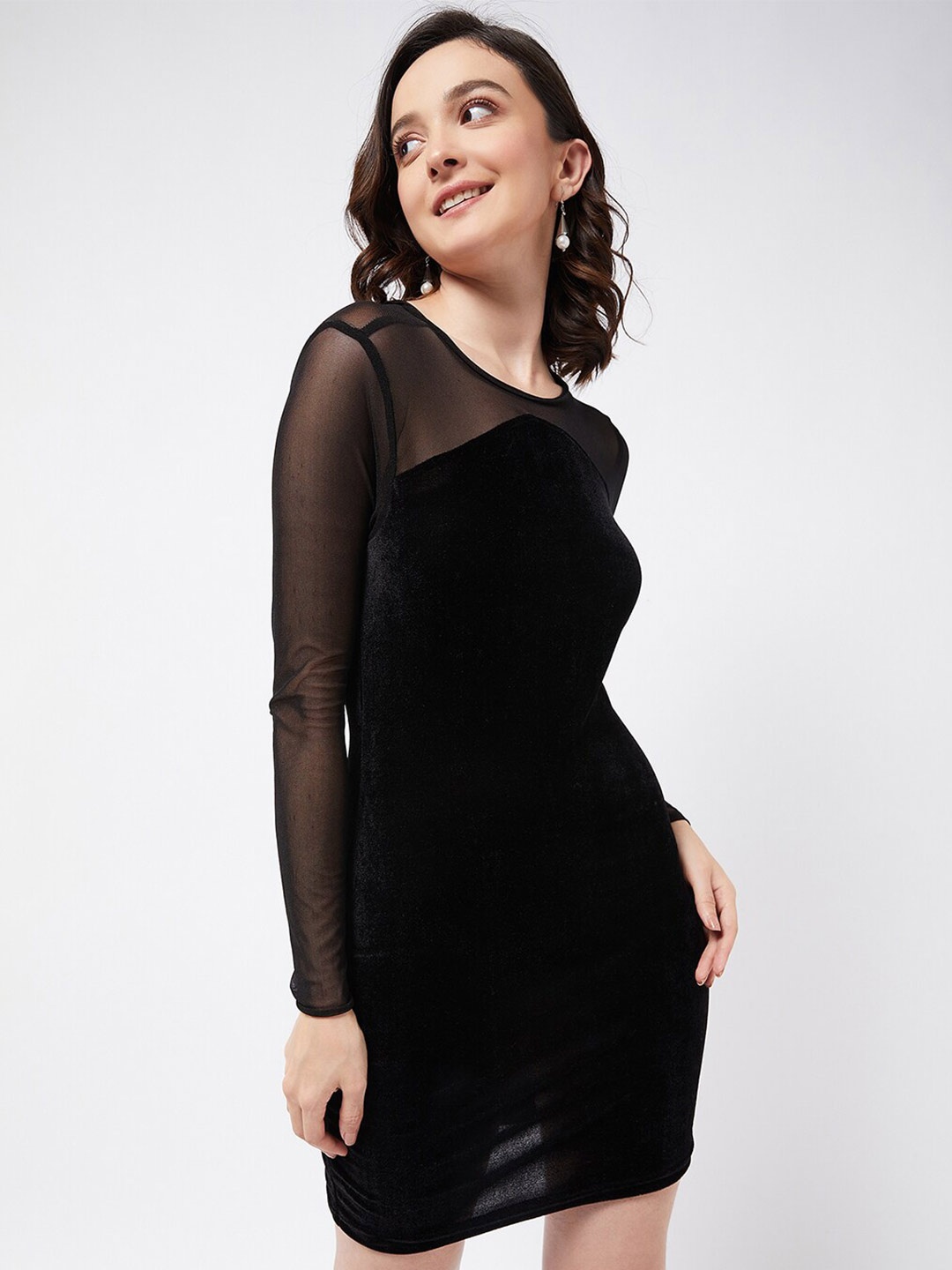 COLOR CAPITAL Round Neck Full Sleeves Velvet Bodycon Dress, Black