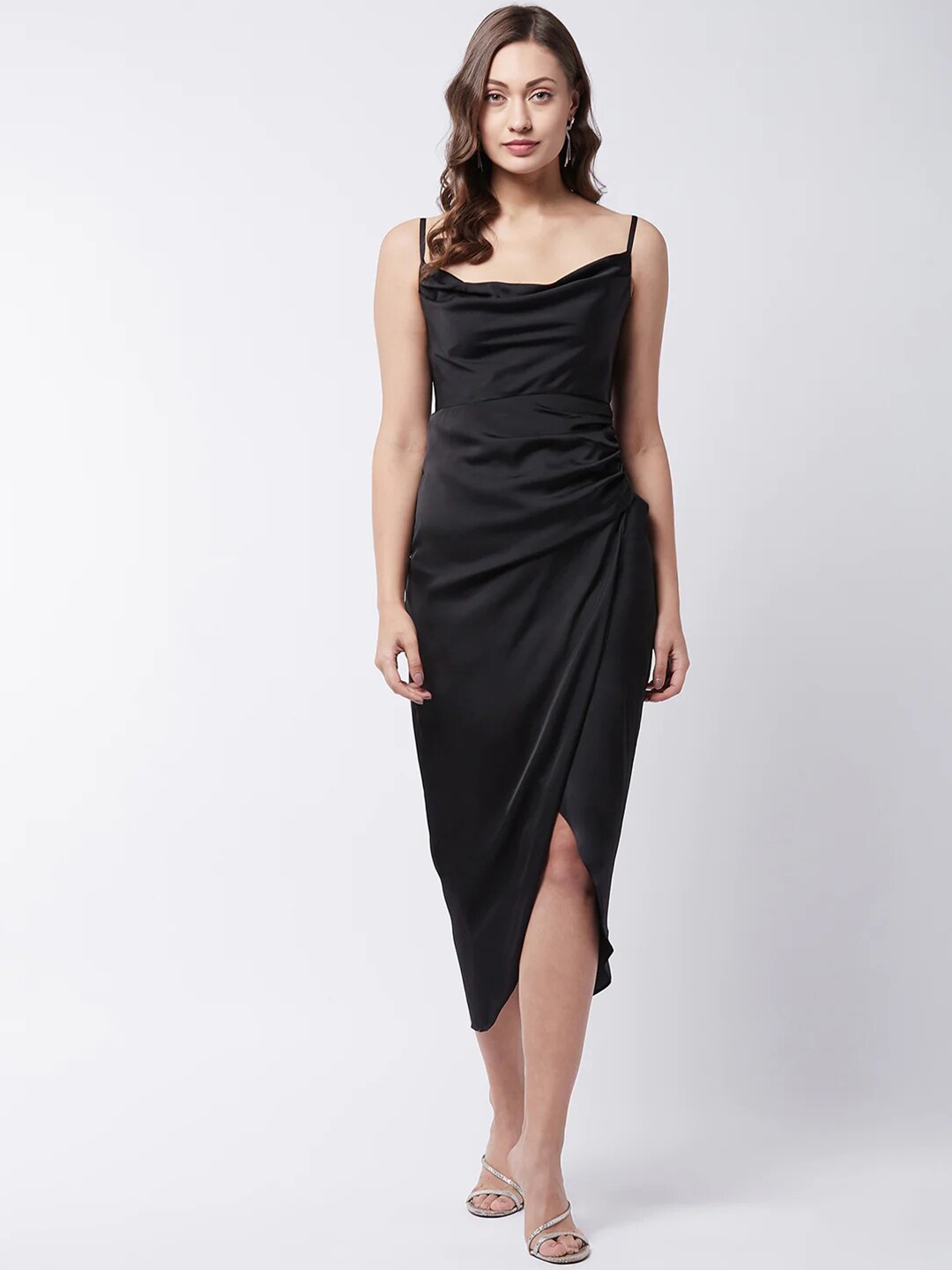 COLOR CAPITAL Shoulder Straps Satin Sheath Midi Dress, Black