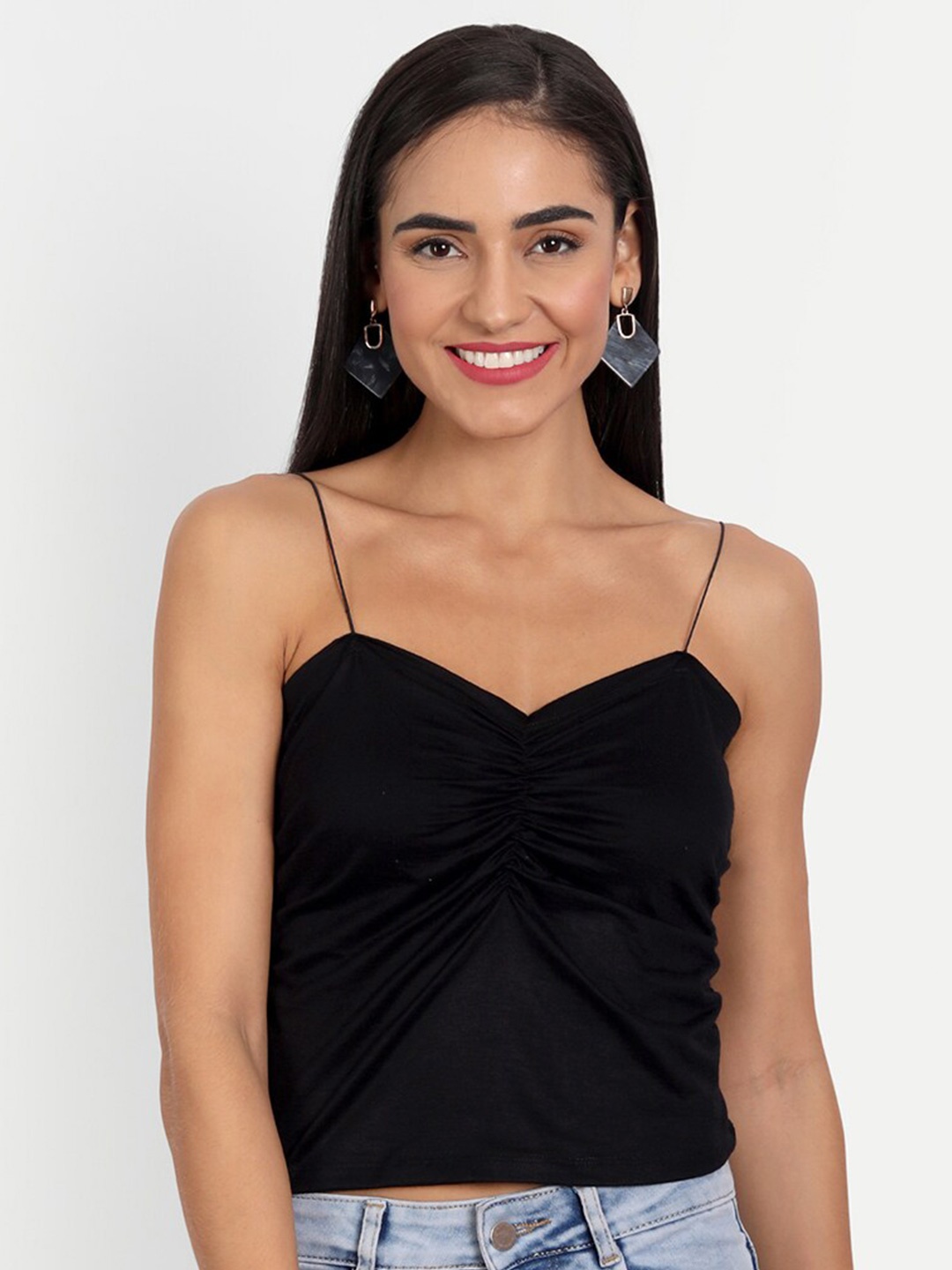 COLOR CAPITAL Shoulder Straps Ruched Top, Black