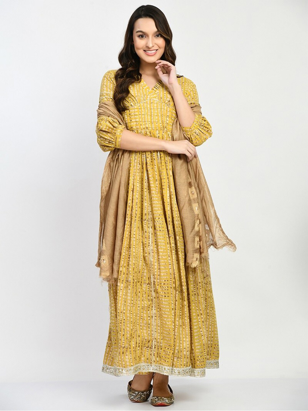 MAFE Striped Printed Puff Sleeves Gathered Cotton Ethnic Dress With Dupatta, Mustard
MAFE Striped Printed Puff Sleeves Gathered Cotton Ethnic Dress With Dupatta, Mustard