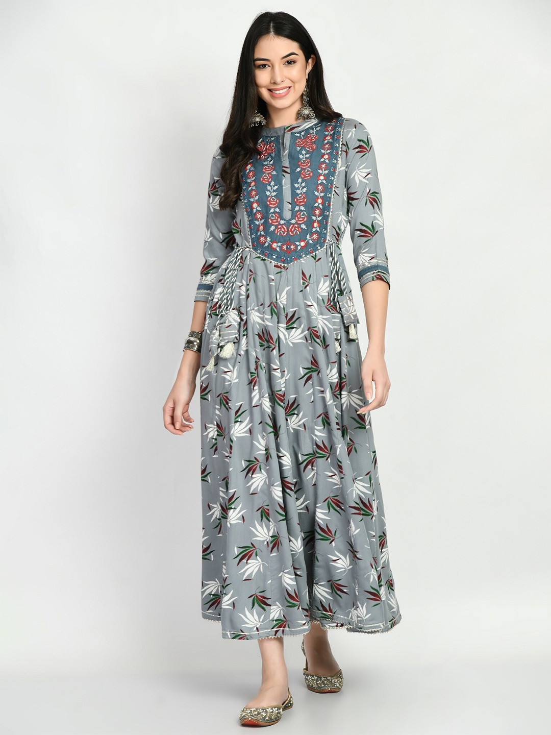 MAFE Floral Printed Mandarin Collar Tie-Ups Cotton Fit & Flare Midi Ethnic Dress, Grey
MAFE Floral Printed Mandarin Collar Tie-Ups Cotton Fit & Flare Midi Ethnic Dress, Grey