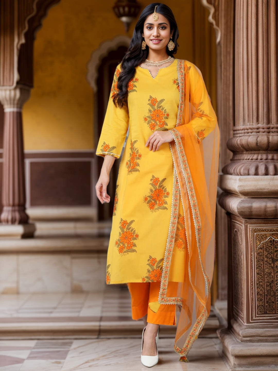 AHIKA Mustard & Orange Floral Printed Gotta Patti Straight Kurta & Trousers With Dupatta
AHIKA Mustard & Orange Floral Printed Gotta Patti Straight Kurta & Trousers With Dupatta