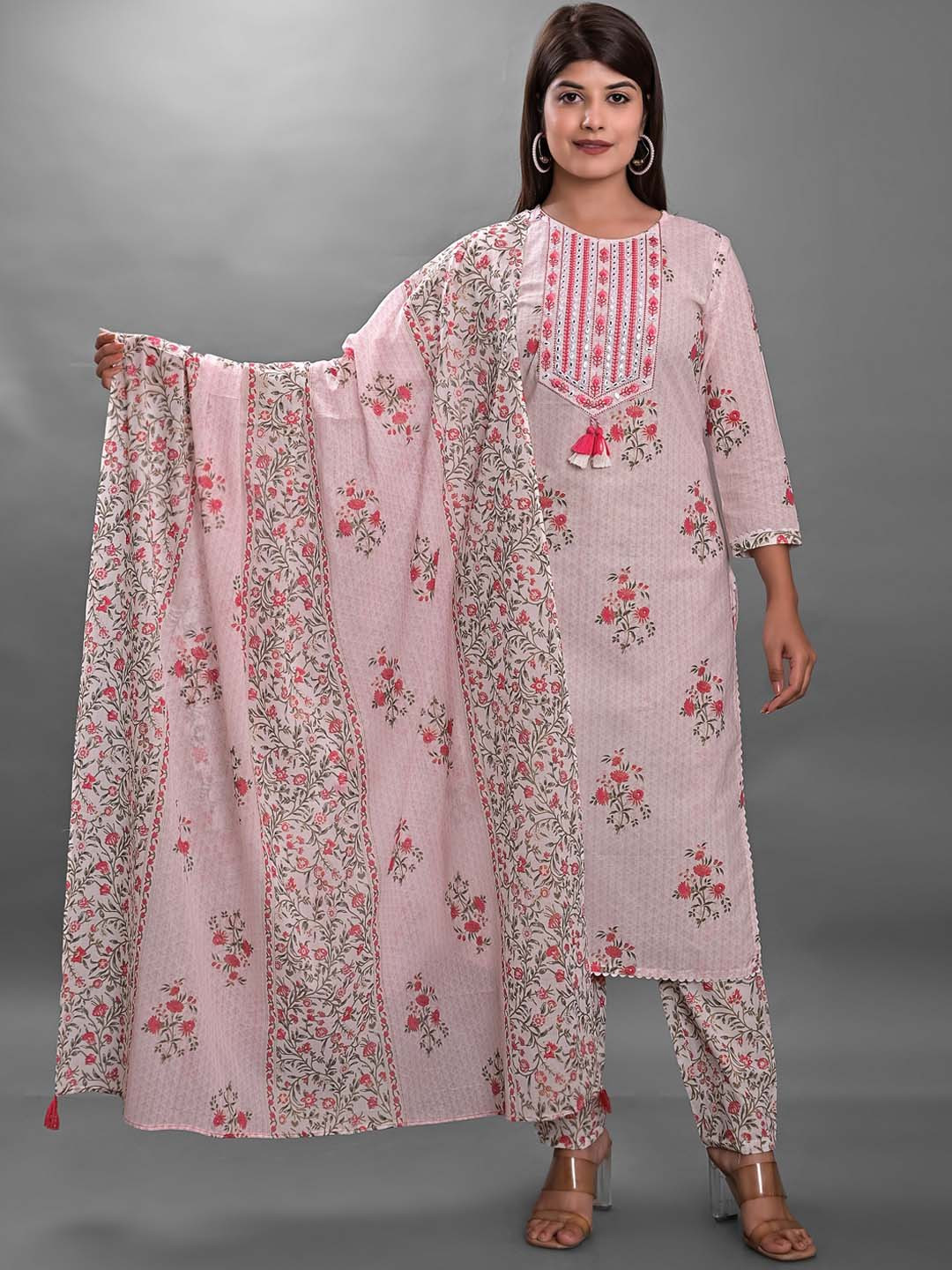KASHEEDA Floral Printed Regular Mirror Work Pure Cotton Kurta With Trousers & Dupatta, Pink
KASHEEDA Floral Printed Regular Mirror Work Pure Cotton Kurta With Trousers & Dupatta, Pink