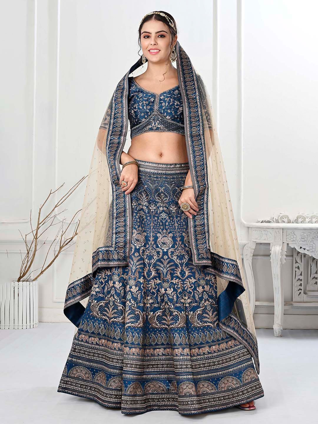 SAPTRANGI Printed Beads and Stones Ready to Wear Lehenga & Blouse With Dupatta, Blue
SAPTRANGI Printed Beads and Stones Ready to Wear Lehenga & Blouse With Dupatta, Blue