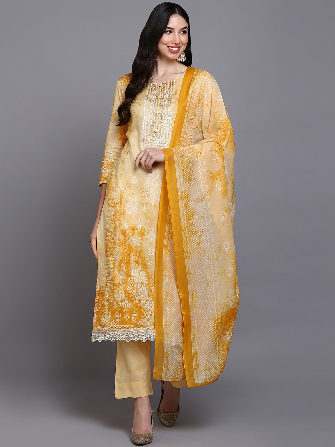 AHIKA Ethnic Printed Thread Work Pure Cotton Straight Kurta with Trousers & With Dupatta, Yellow
AHIKA Ethnic Printed Thread Work Pure Cotton Straight Kurta with Trousers & With Dupatta, Yellow