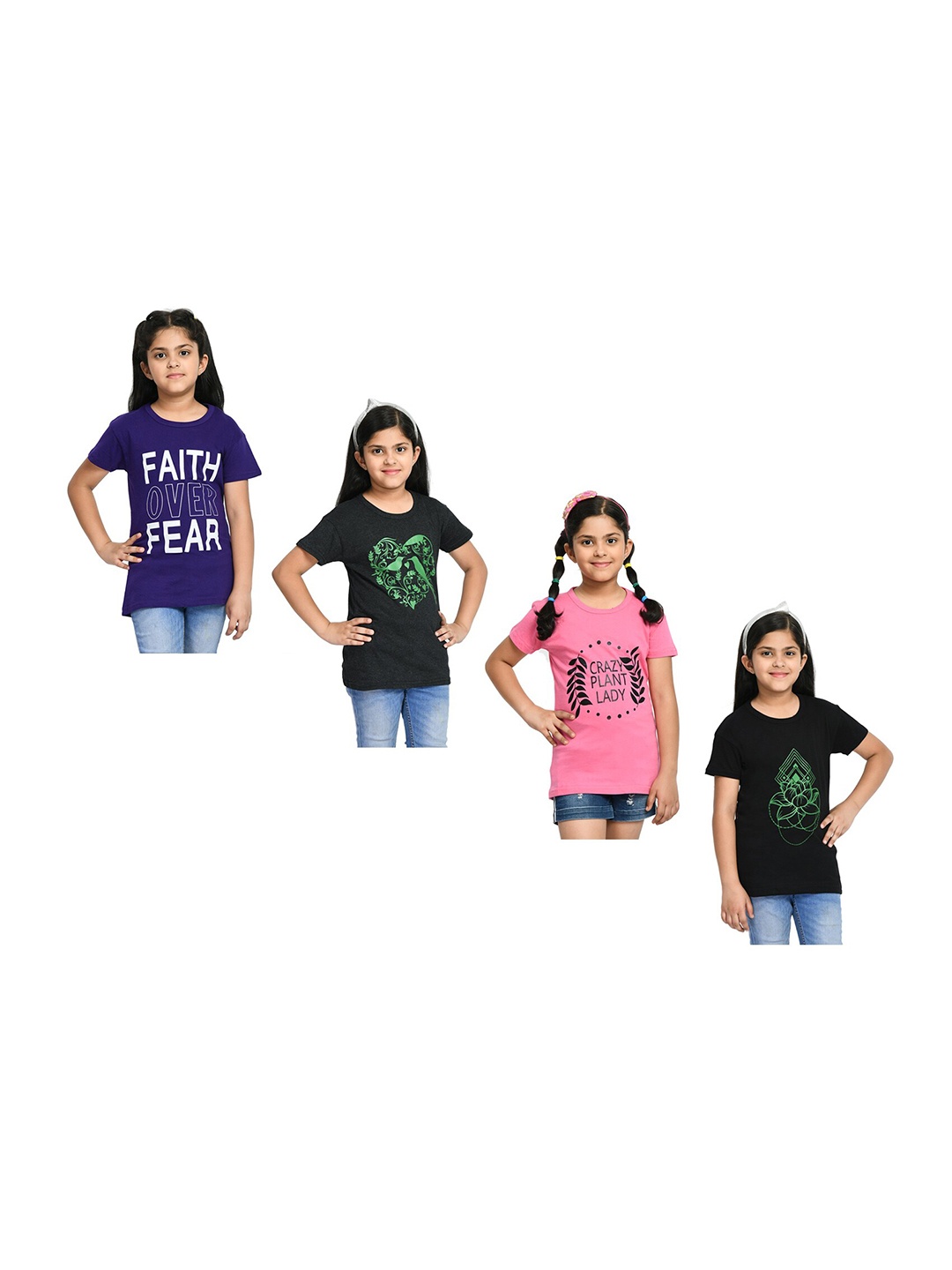 BAESD Girls Pack Of 4 Printed Short Sleeves Cotton T-shirt, Blue