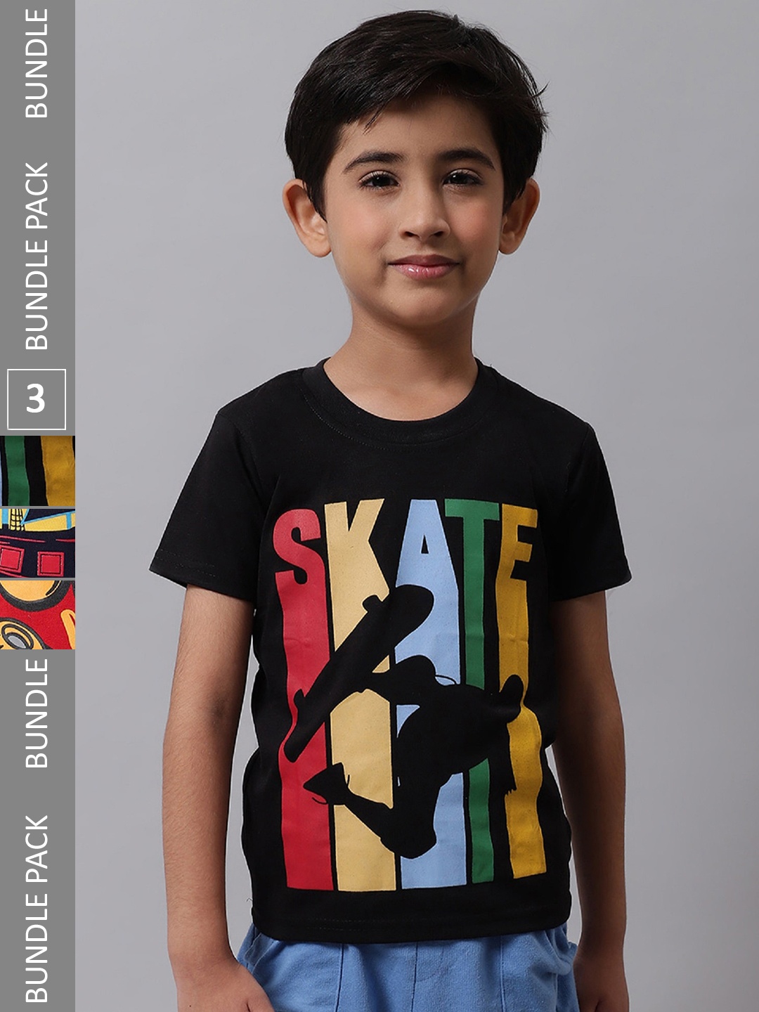 BAESD Boys Pack Of 3 Printed Cotton T-shirts, Black