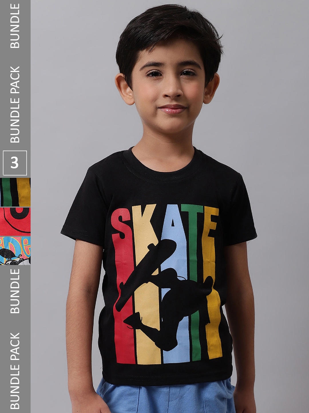 BAESD Boys Pack Of 3 Graphic Printed Cotton T-shirts, Black
