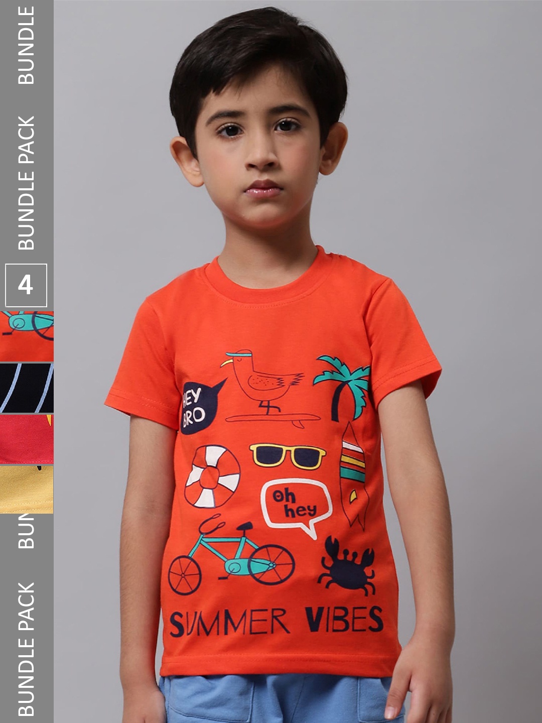 BAESD Boys Pack Of 4 Printed Cotton T-shirt, Orange