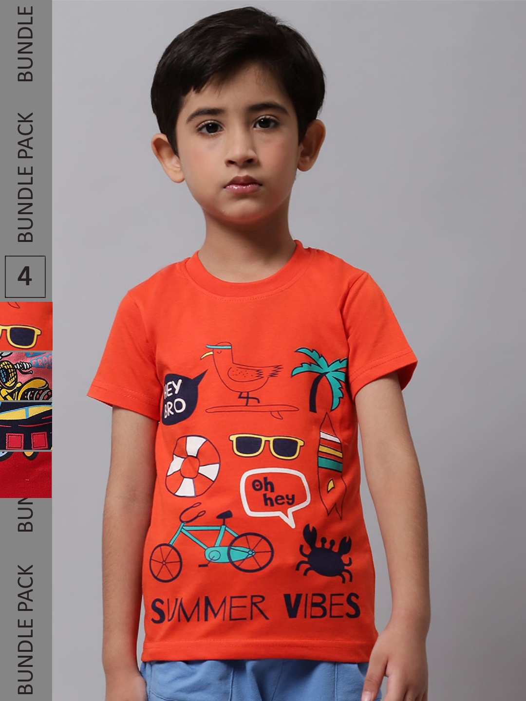 BAESD Boys Pack Of 4 Graphic Printed Cotton T-shirt, Orange