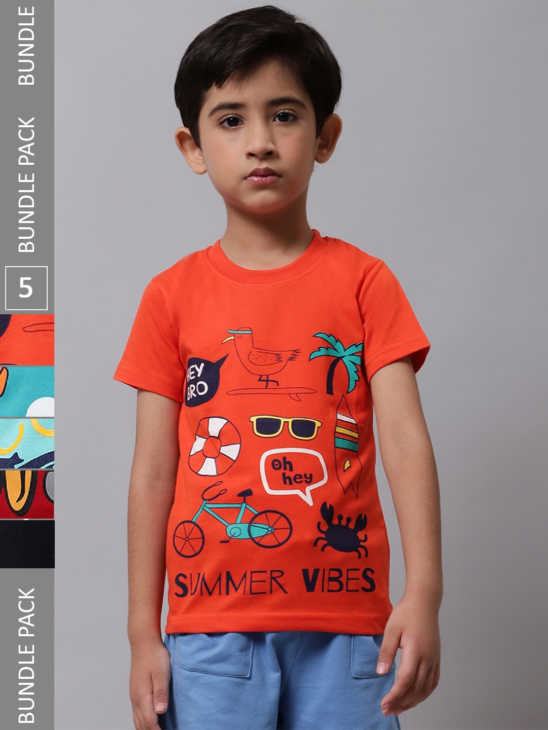 BAESD Boys Pack Of 5 Printed Cotton T-shirt, Orange