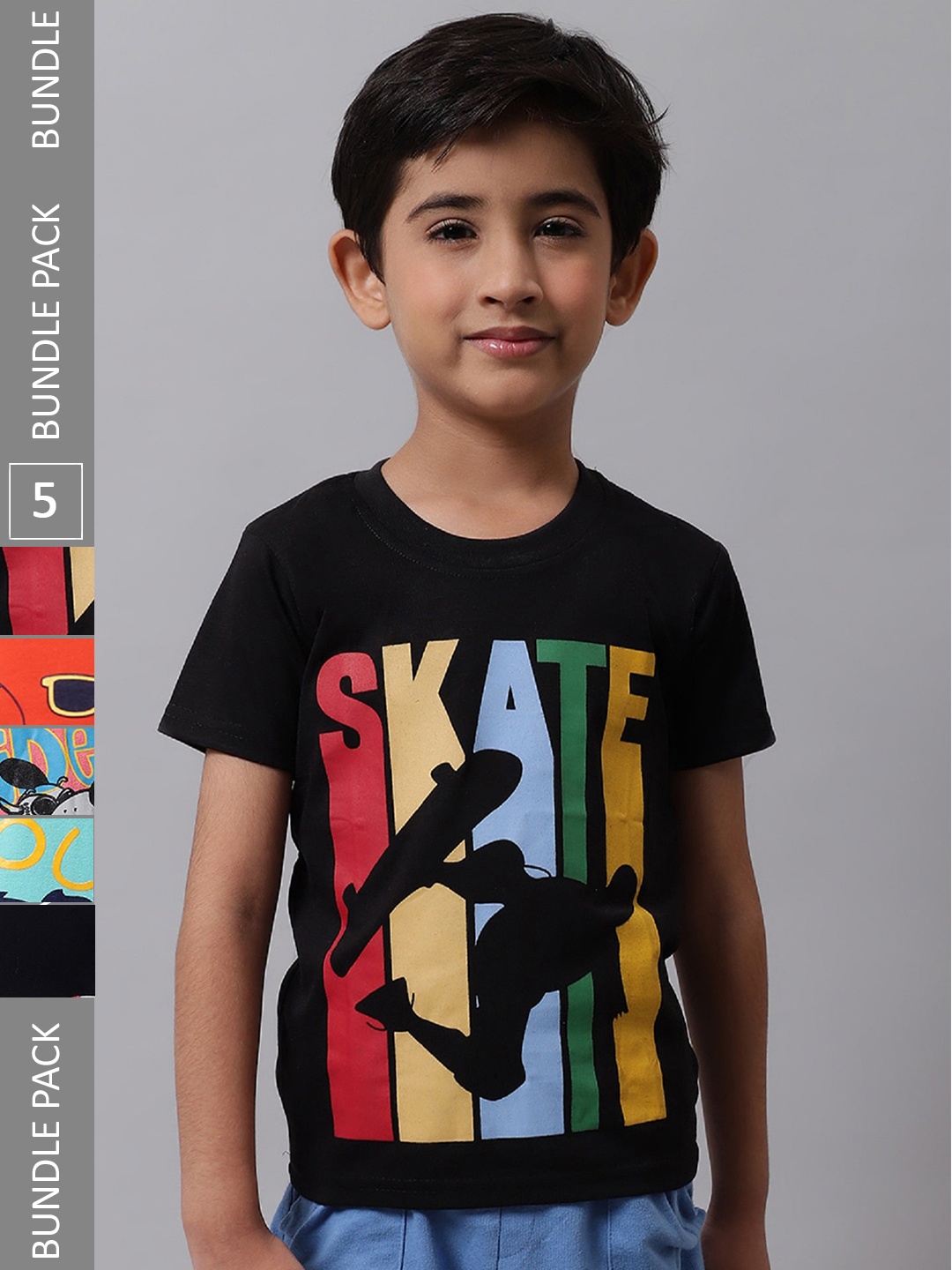 BAESD Boys Pack of 5 Typography Printed T-shirt, Black