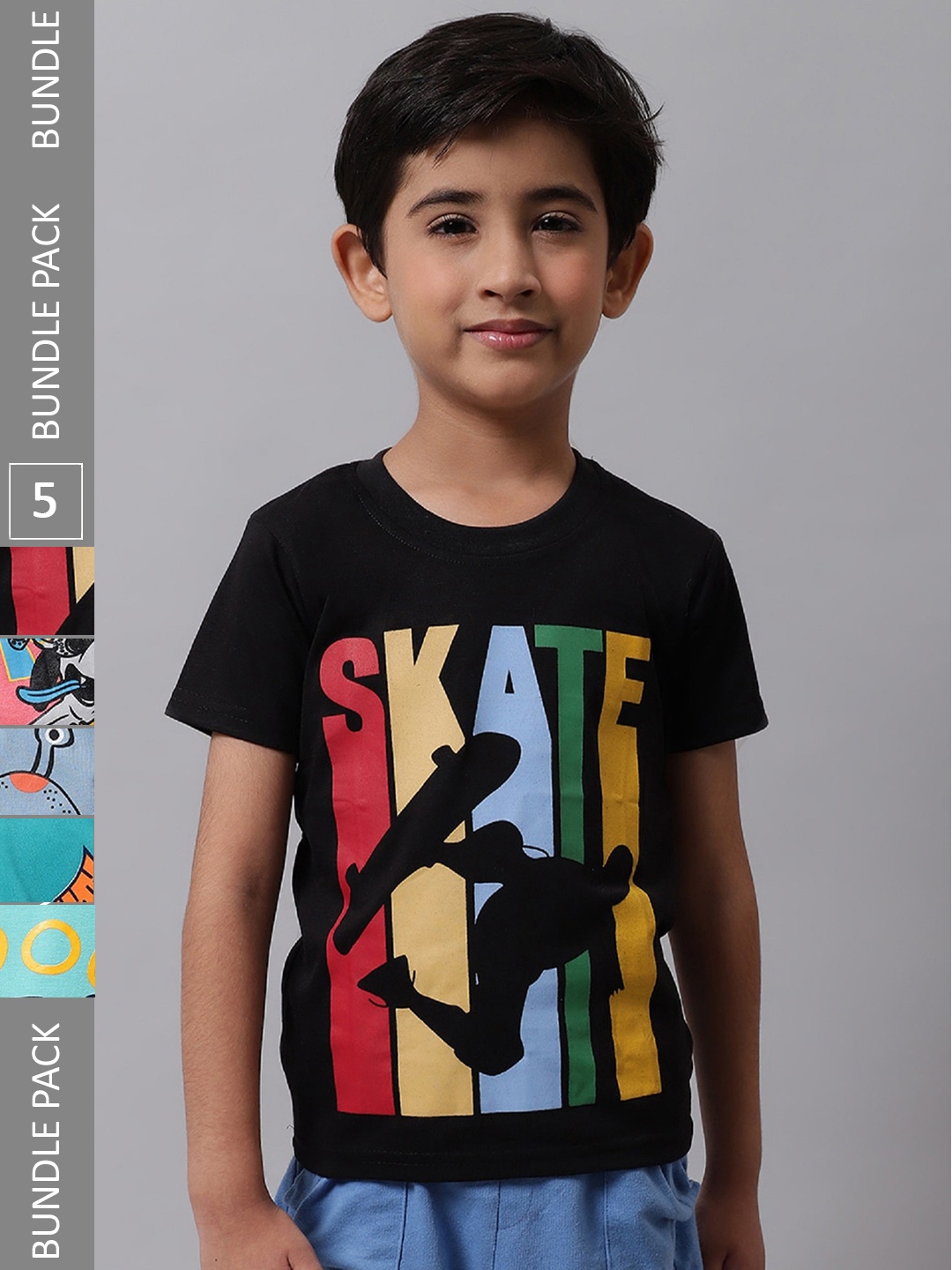 BAESD Boys Pack Of 5 Typography Printed Cotton T-shirt, Black