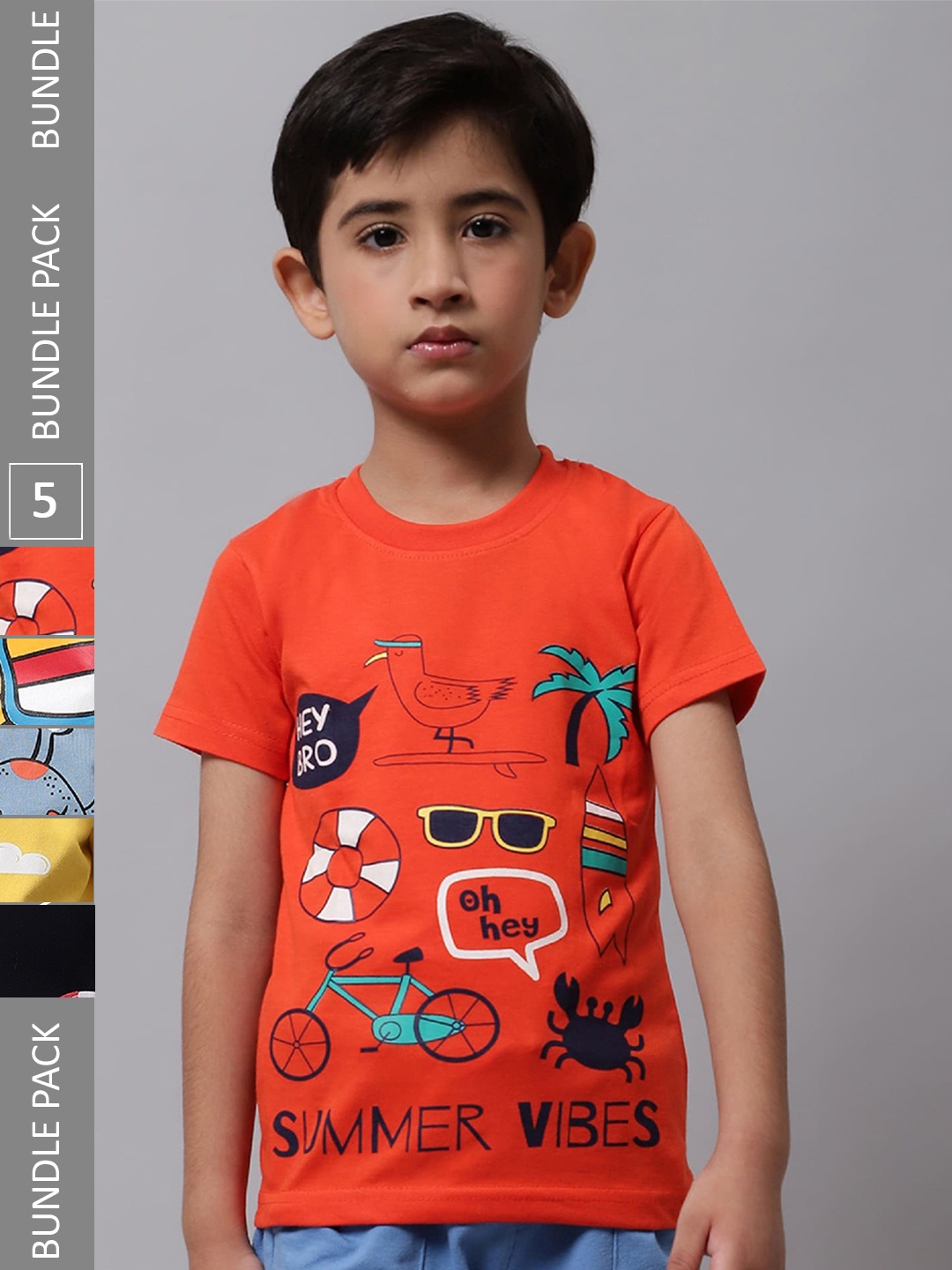 BAESD Boys Pack of 5 Printed Cotton T-shirts, Orange