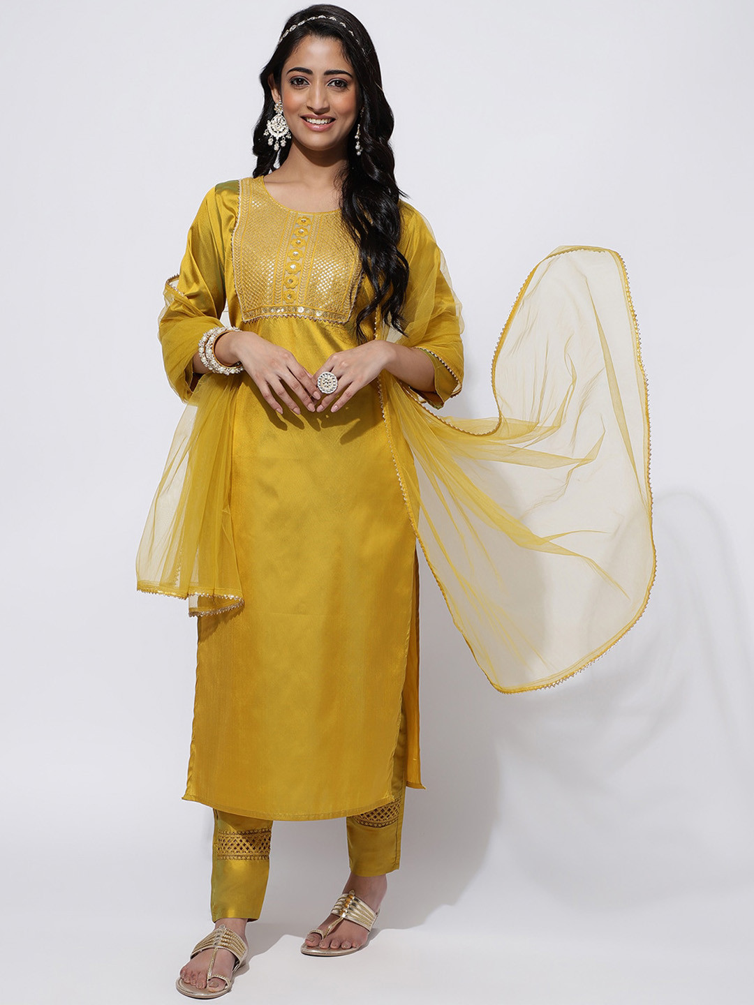 KALINI Yoke Floral Embroidered Sequinned Detail Kurta & Trousers With Dupatta, Mustard
KALINI Yoke Floral Embroidered Sequinned Detail Kurta & Trousers With Dupatta, Mustard