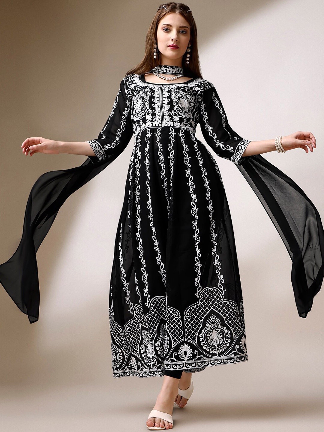 Shree Ramkrishna Fab Ethnic Motifs Embroidered Georgette Anarkali Kurta With Dupatta, Black
Shree Ramkrishna Fab Ethnic Motifs Embroidered Georgette Anarkali Kurta With Dupatta, Black