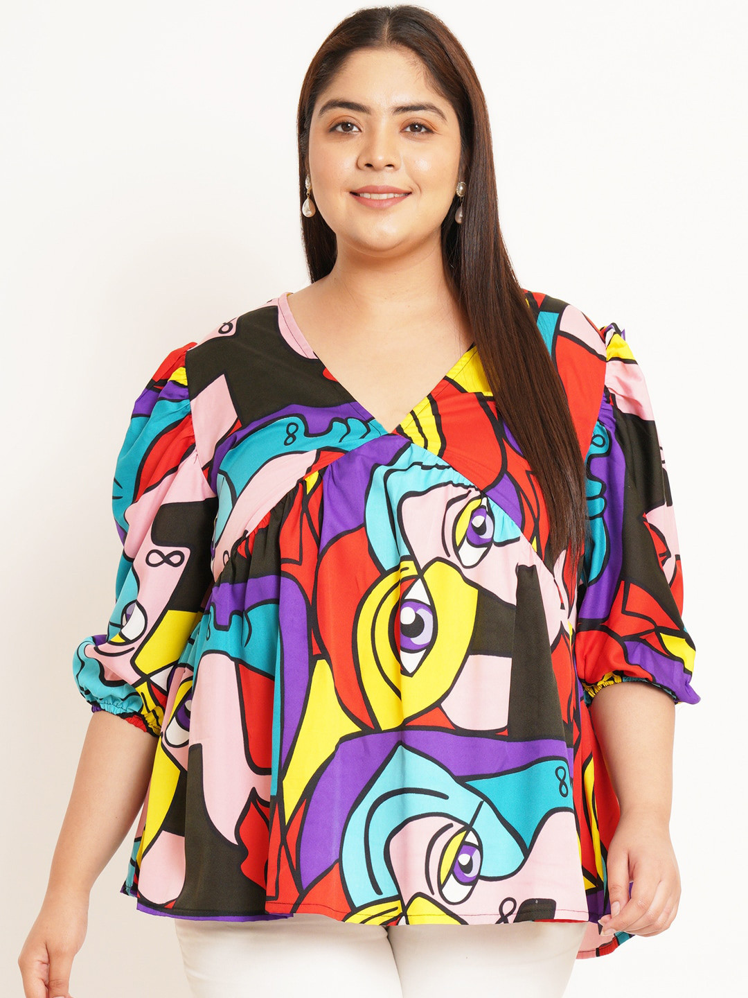 U&F Beyond Plus Size Abstract Printed Puffed Sleeves Gathered or Pleated Empire Top, Multi 
U&F Beyond Plus Size Abstract Printed Puffed Sleeves Gathered or Pleated Empire Top, Multi