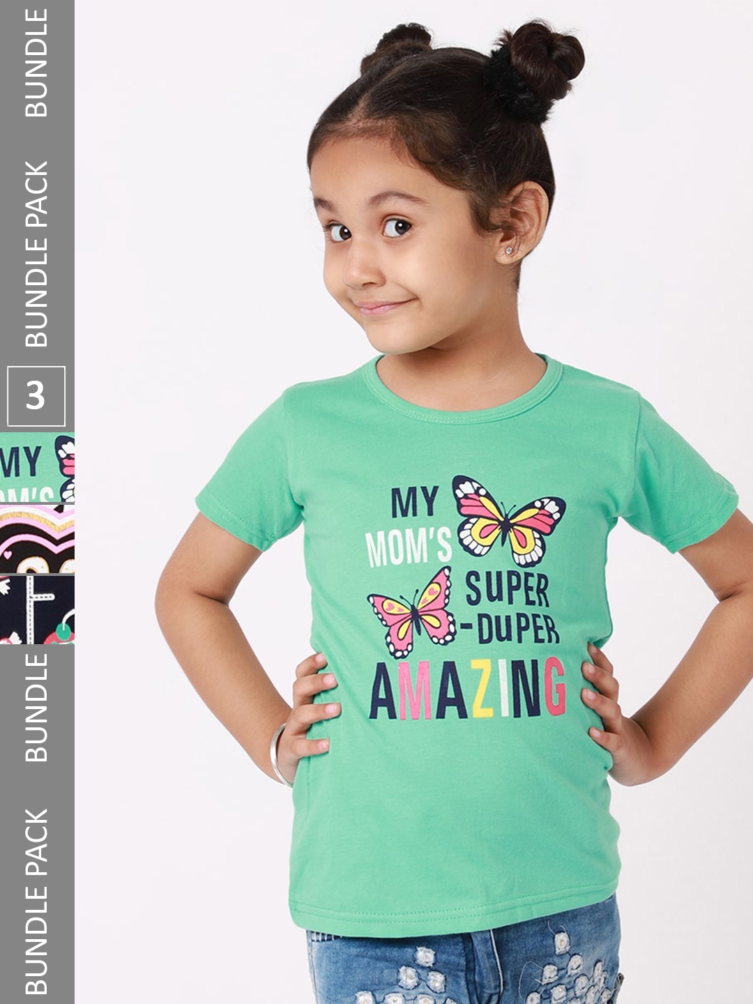 BAESD Girls Pack of 3 Printed CottonT-shirt, Green