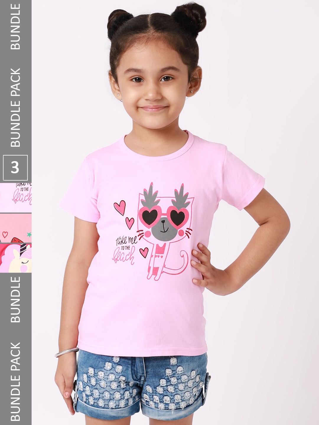 BAESD Girls Pack Of 3 Printed Round Neck Cotton T-shirts, Pink
