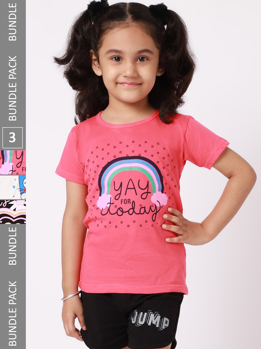 BAESD Girls Pack Of 3 Printed Round Neck Cotton T-shirts, Pink