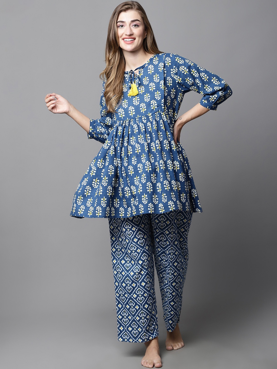 Secret Wish Floral Printed Gathered Detail Pure Cotton Maternity Nightsuit, Navy blue
Secret Wish Floral Printed Gathered Detail Pure Cotton Maternity Nightsuit, Navy blue