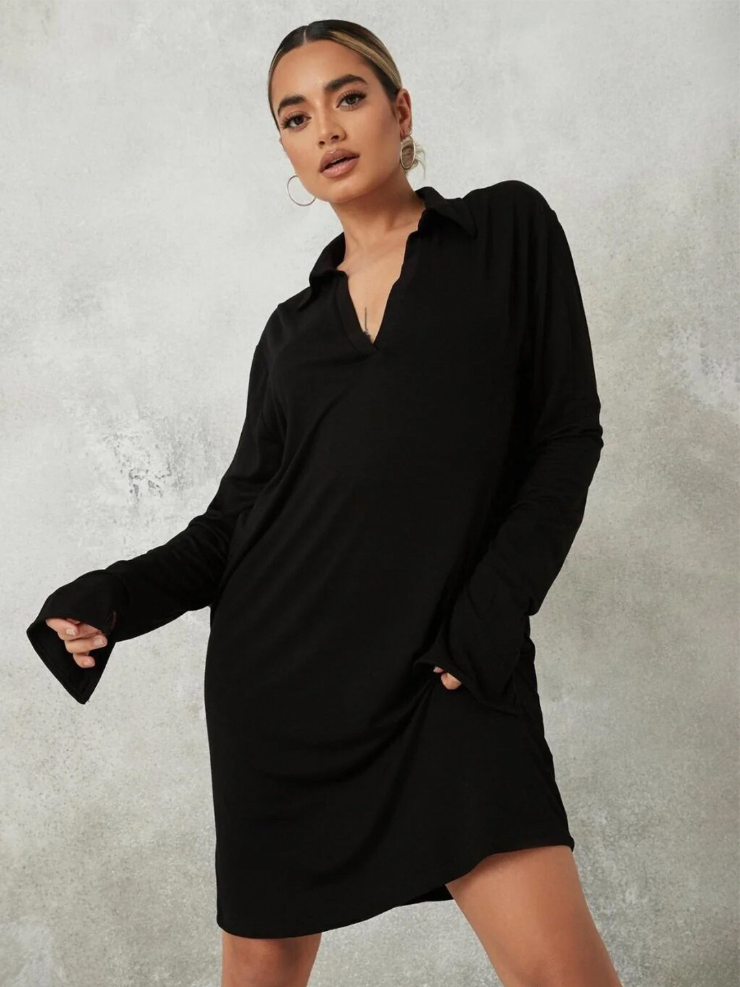 Styched Mandarin Collar Long Sleeves Cotton A Line Dress, Black
Styched Mandarin Collar Long Sleeves Cotton A Line Dress, Black