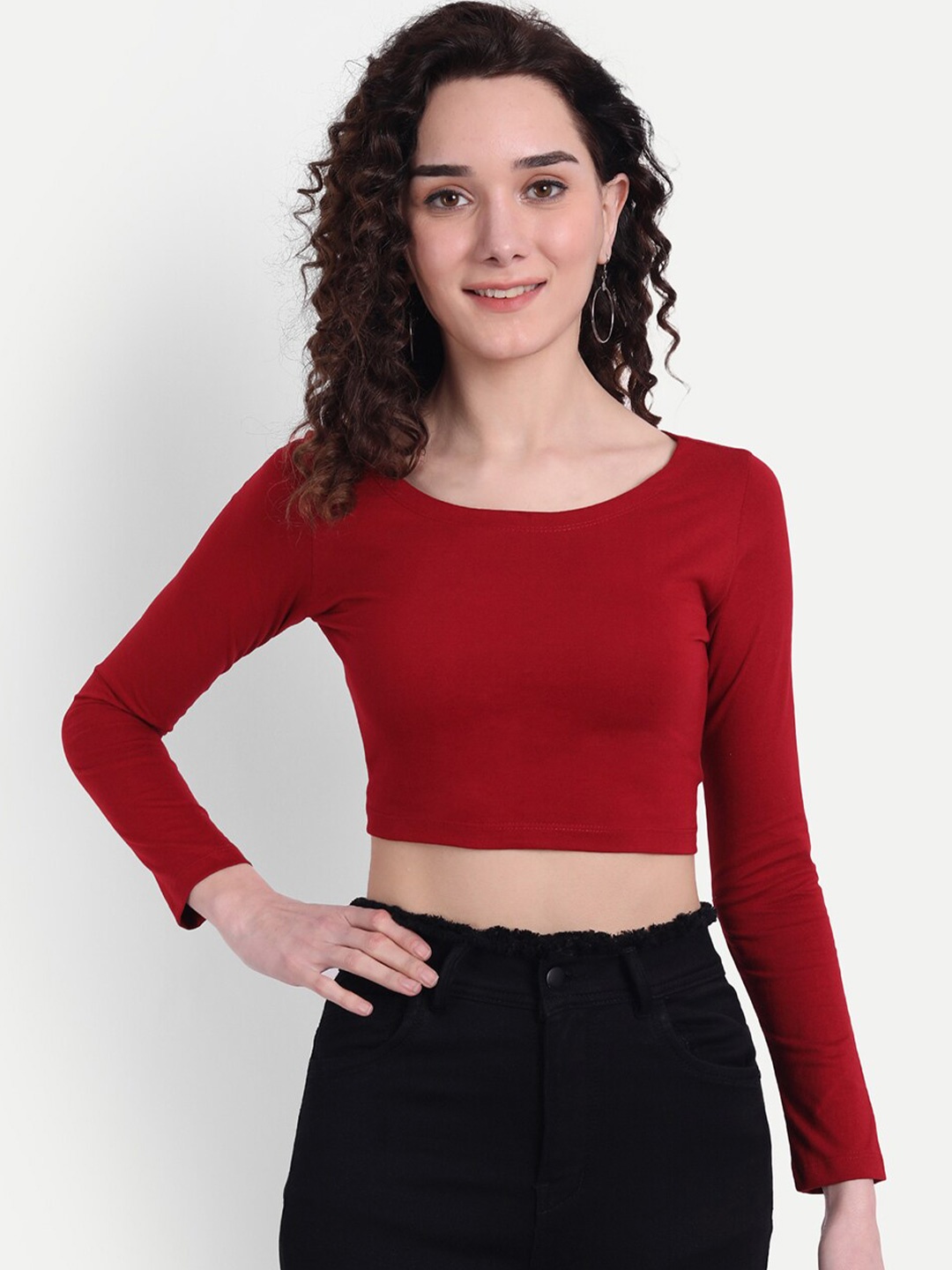 COLOR CAPITAL Round Neck Fitted Crop Top, Maroon