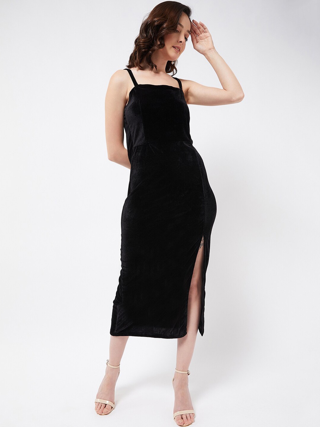 COLOR CAPITAL Shoulder Straps Cut-Out Velvet Sheath Dress, Black