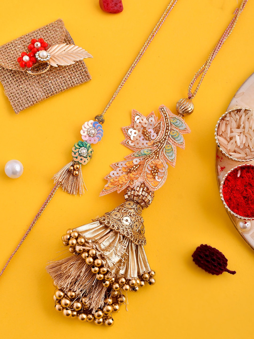 Aapno Rajasthan Set Of 2 Sequined Bhaiya Bhabhi Rakhi With Roli Chawal & Greeting Card, Gold
Aapno Rajasthan Set Of 2 Sequined Bhaiya Bhabhi Rakhi With Roli Chawal & Greeting Card, Gold