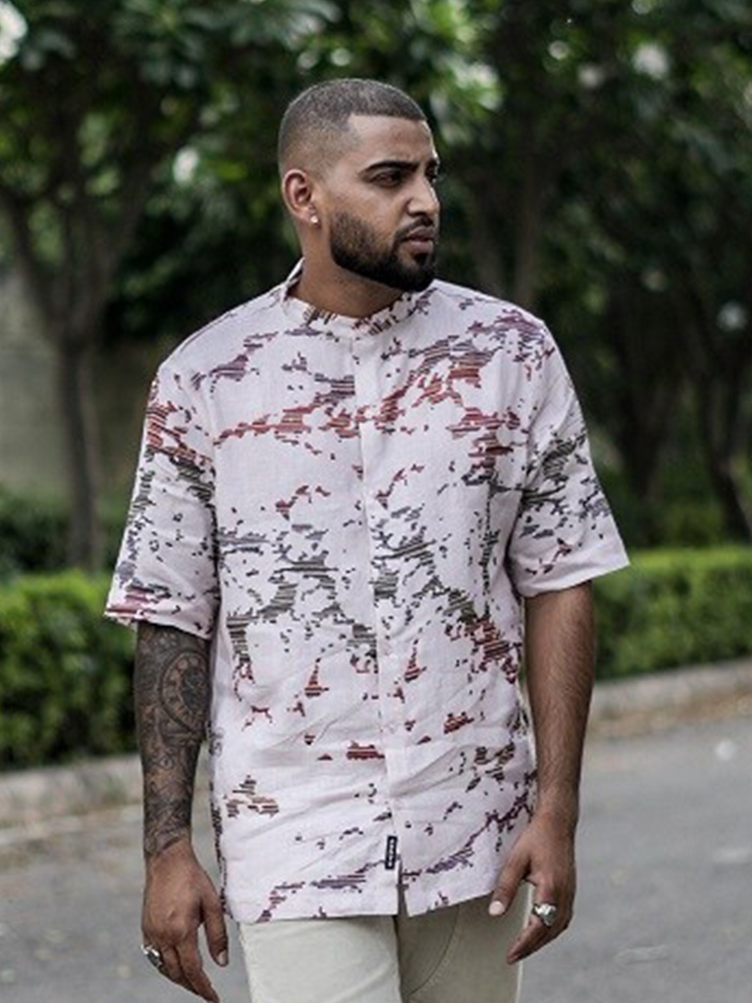 ADDY'S for men Printed Short Sleeve Comfort Casual Linen Shirt, White