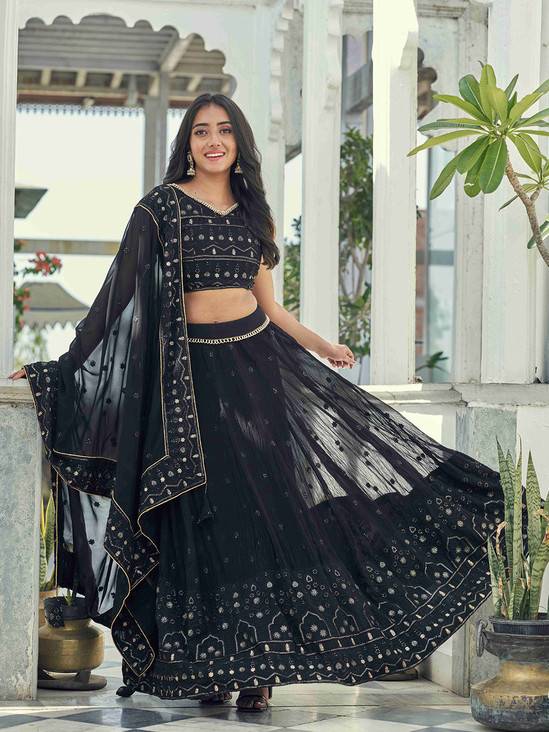 Vidraa Western Store Embroidered Sequinned Ready to Wear Lehenga Choli With Dupatta, Black
Vidraa Western Store Embroidered Sequinned Ready to Wear Lehenga Choli With Dupatta, Black
