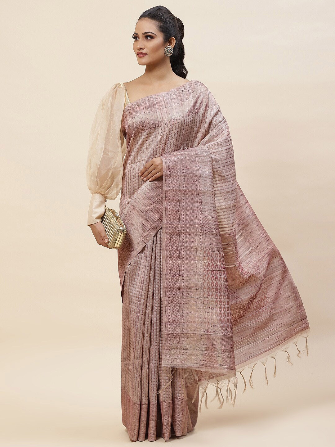 Meena Bazaar Striped Woven Design Zari Art Silk Tussar Saree, Beige