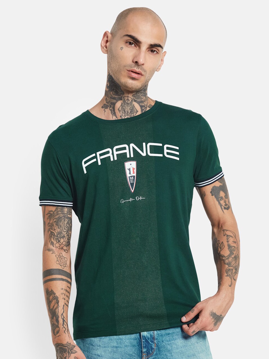 Octave Typography Printed Cotton T-shirt, Green