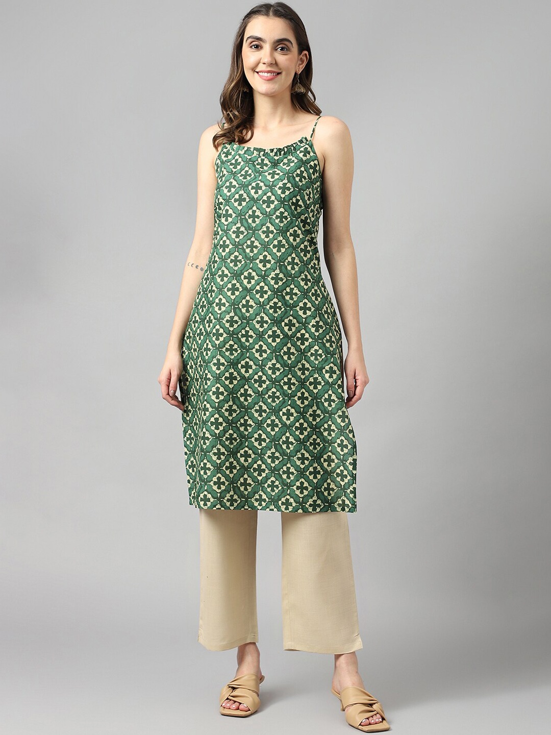 KALINI Geometric Printed Shoulder Straps Pleater Detail Cotton Straight Kurta, Green
KALINI Geometric Printed Shoulder Straps Pleater Detail Cotton Straight Kurta, Green