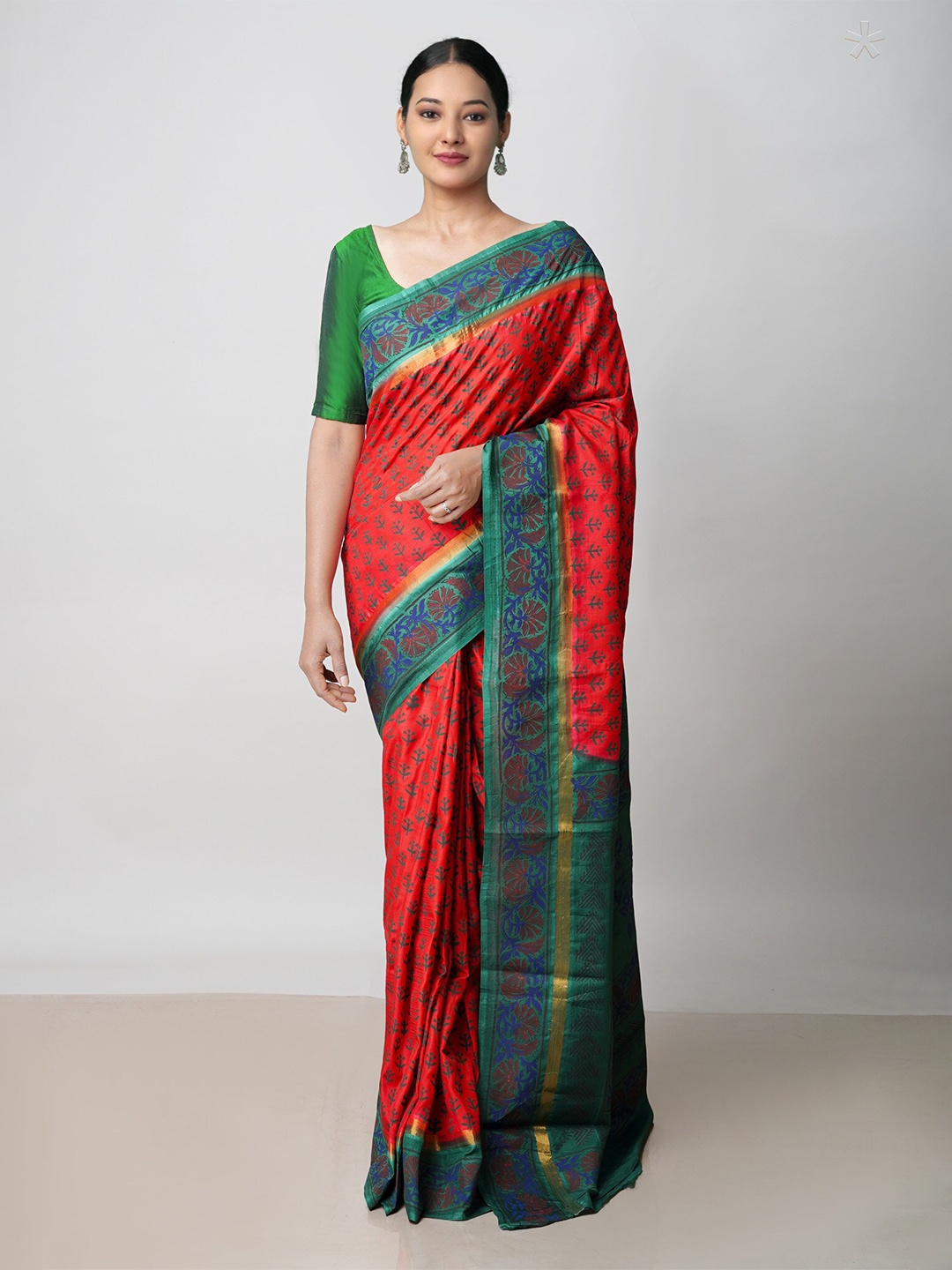 Unnati Silks Ethnic Motifs Printed Zari Saree, Red