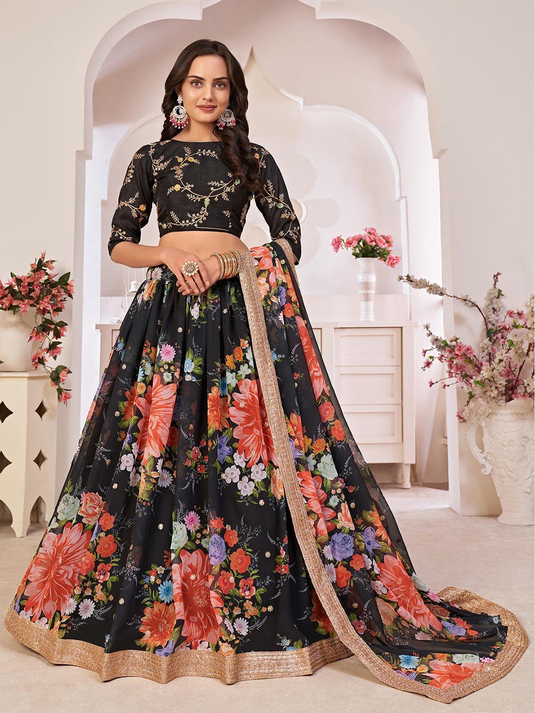 ODETTE Embroidered Thread Work Semi-Stitched Lehenga & Unstitched Blouse With Dupatta, Black
ODETTE Embroidered Thread Work Semi-Stitched Lehenga & Unstitched Blouse With Dupatta, Black
