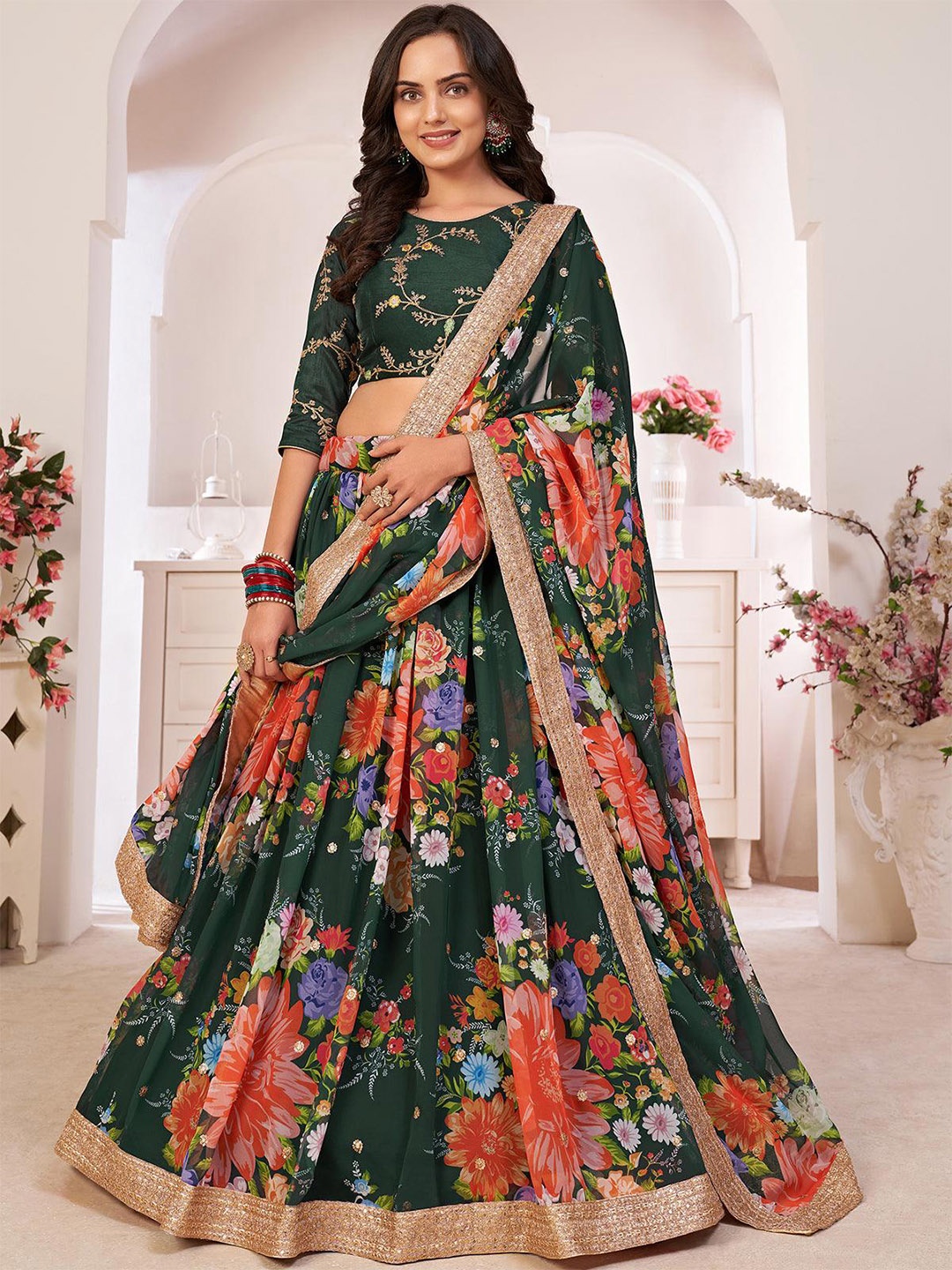ODETTE Floral Printed & Sequinned Semi-Stitched Lehenga & Unstitched Blouse With Dupatta, Green
ODETTE Floral Printed & Sequinned Semi-Stitched Lehenga & Unstitched Blouse With Dupatta, Green
