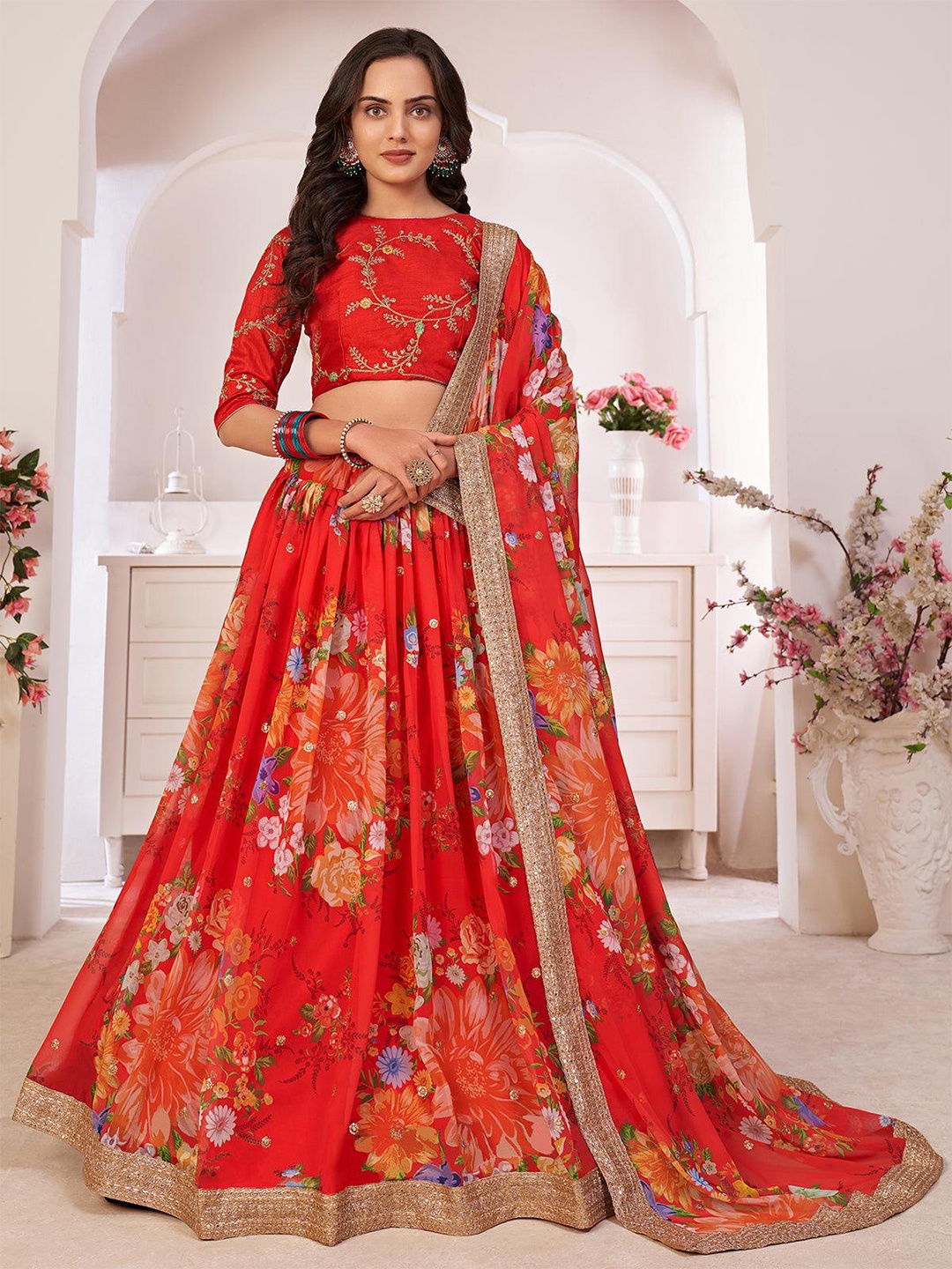 ODETTE Floral Printed & Embroidered Semi-Stitched Lehenga & Unstitched Blouse With Dupatta, Red
ODETTE Floral Printed & Embroidered Semi-Stitched Lehenga & Unstitched Blouse With Dupatta, Red