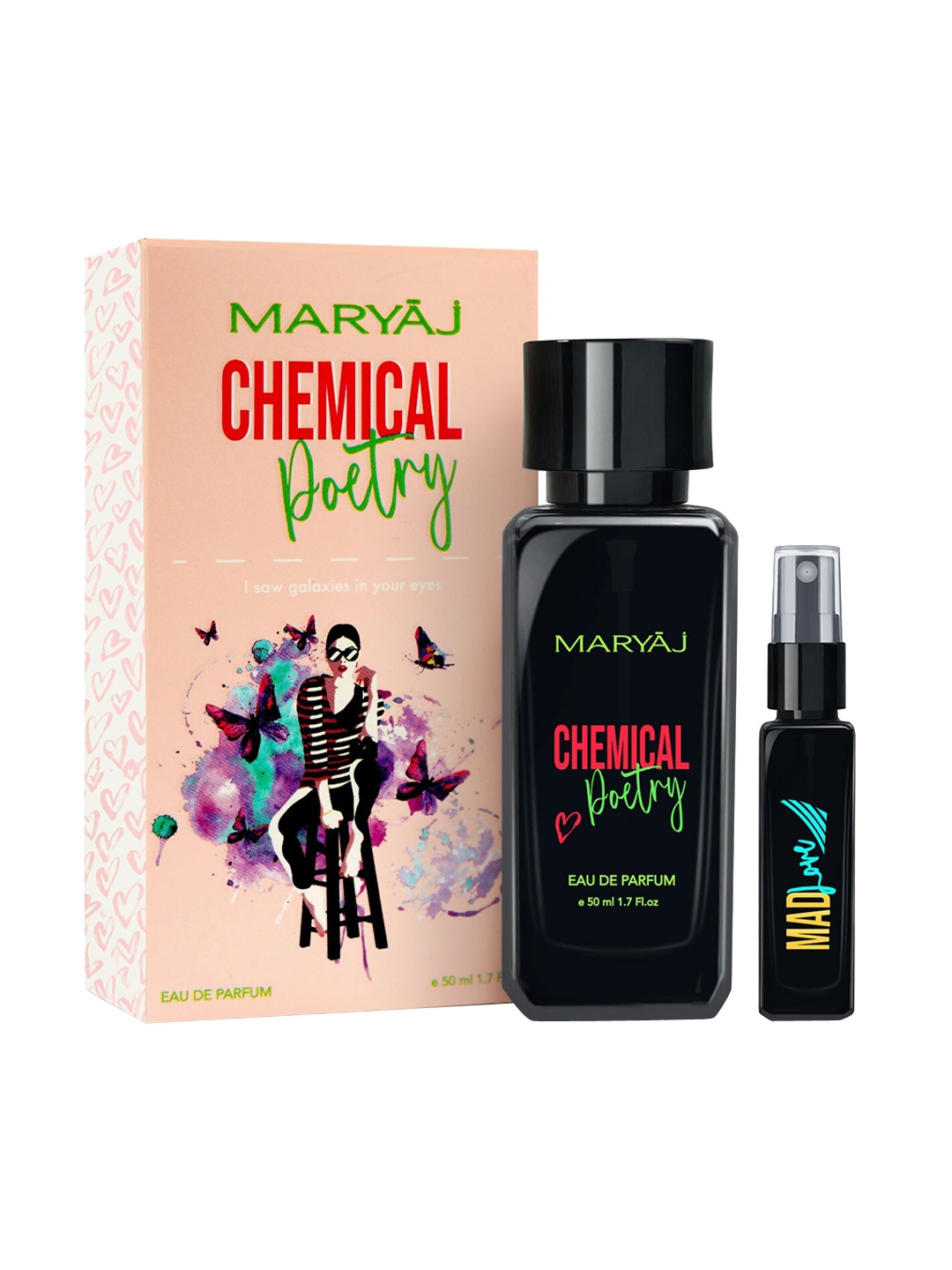 Maryaj Buy Chemical Poetry 50ml & Get Mad Love 8ml Free Long Lasting Eau De Parfum, Black
Maryaj Buy Chemical Poetry 50ml & Get Mad Love 8ml Free Long Lasting Eau De Parfum, Black
