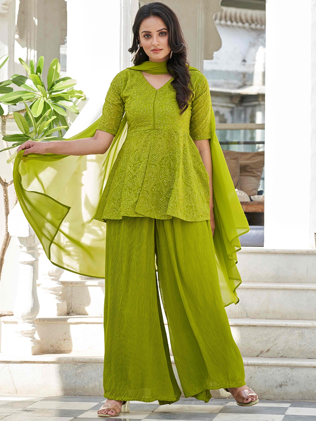 Virah Fashion Ethnic Motifs Embroidered Top with Palazzos & With Dupatta, Lime green
Virah Fashion Ethnic Motifs Embroidered Top with Palazzos & With Dupatta, Lime green