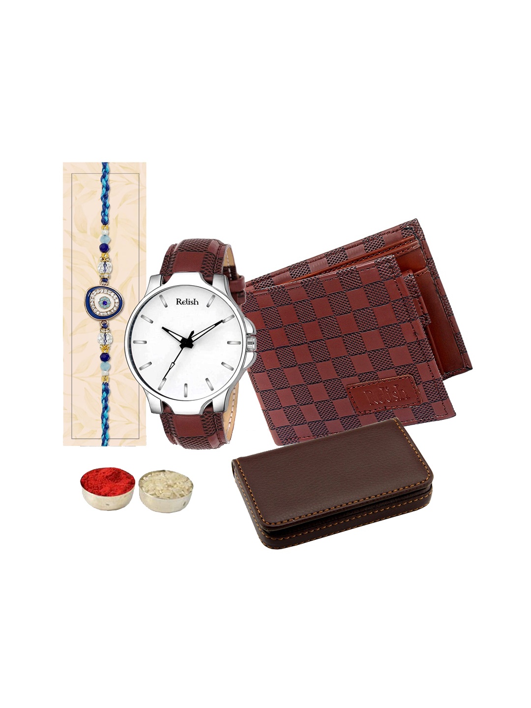 Relish Evil Eye Charm Rakhi With Roli Chawal, Watch, Cardholder & Wallet, Brown
Relish Evil Eye Charm Rakhi With Roli Chawal, Watch, Cardholder & Wallet, Brown