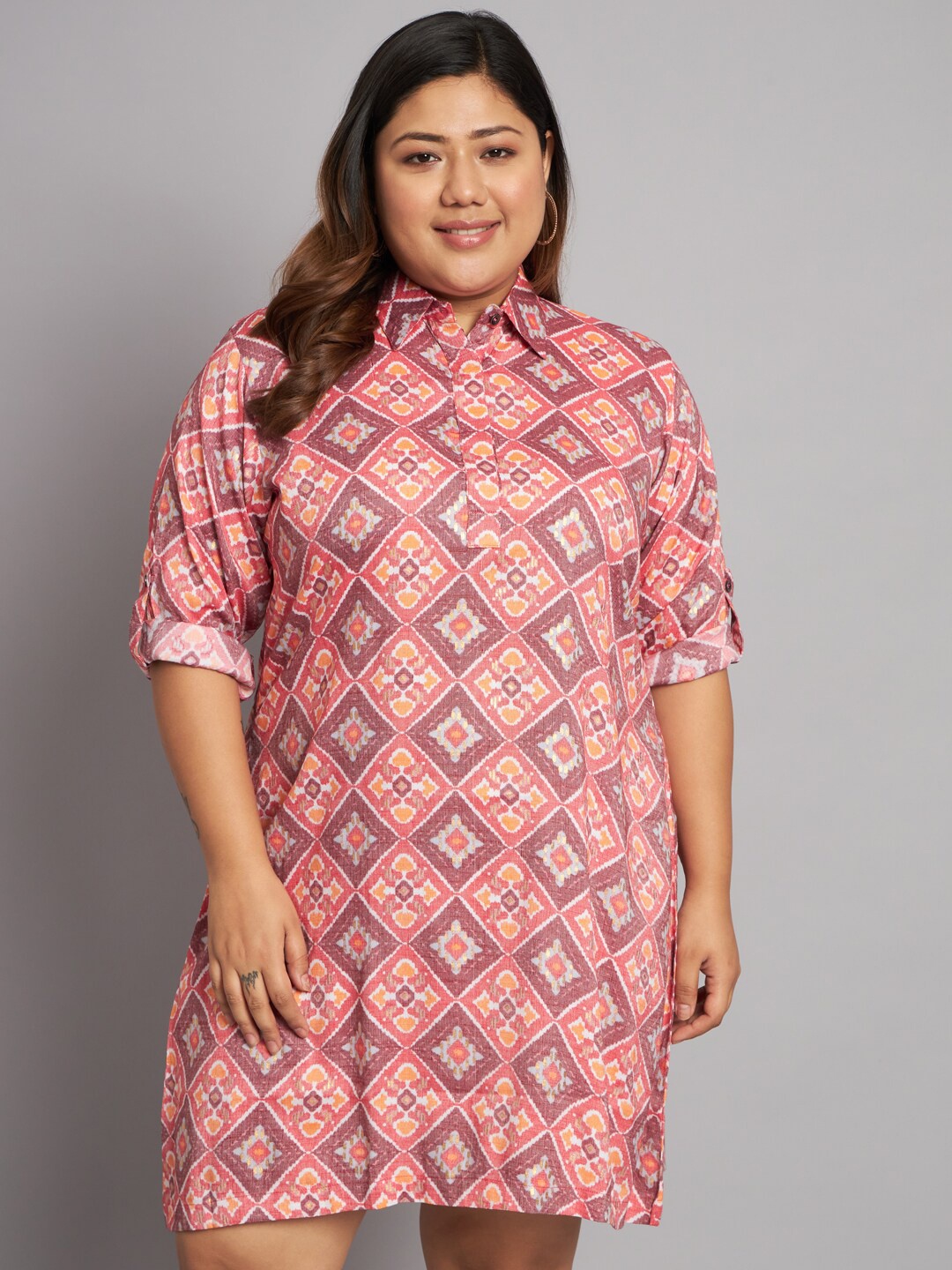 KALINI Plus Size Ethnic Printed Roll-up Sleeves Shirt Dress, Coral