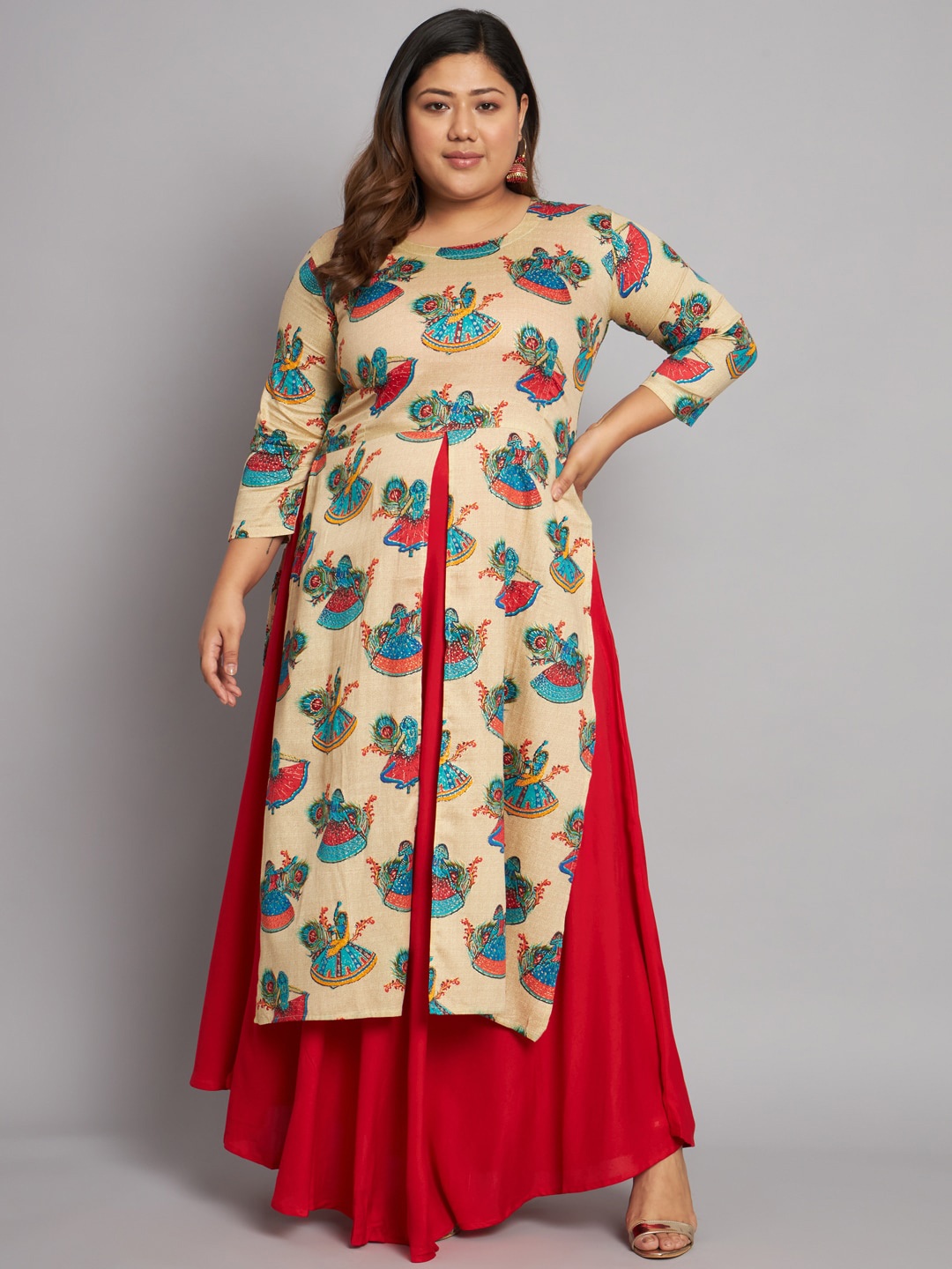 KALINI Plus Size Sleeveless Flared Maxi Gown With Kurta, Red