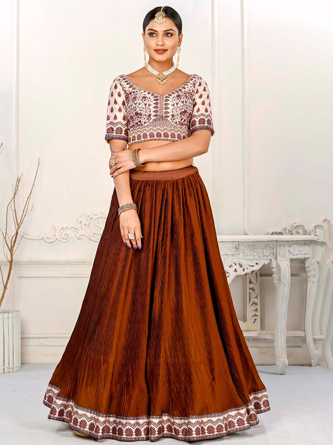 SAPTRANGI Embellished Beads and Stones Ready to Wear Lehenga & Blouse With Dupatta, Brown
SAPTRANGI Embellished Beads and Stones Ready to Wear Lehenga & Blouse With Dupatta, Brown