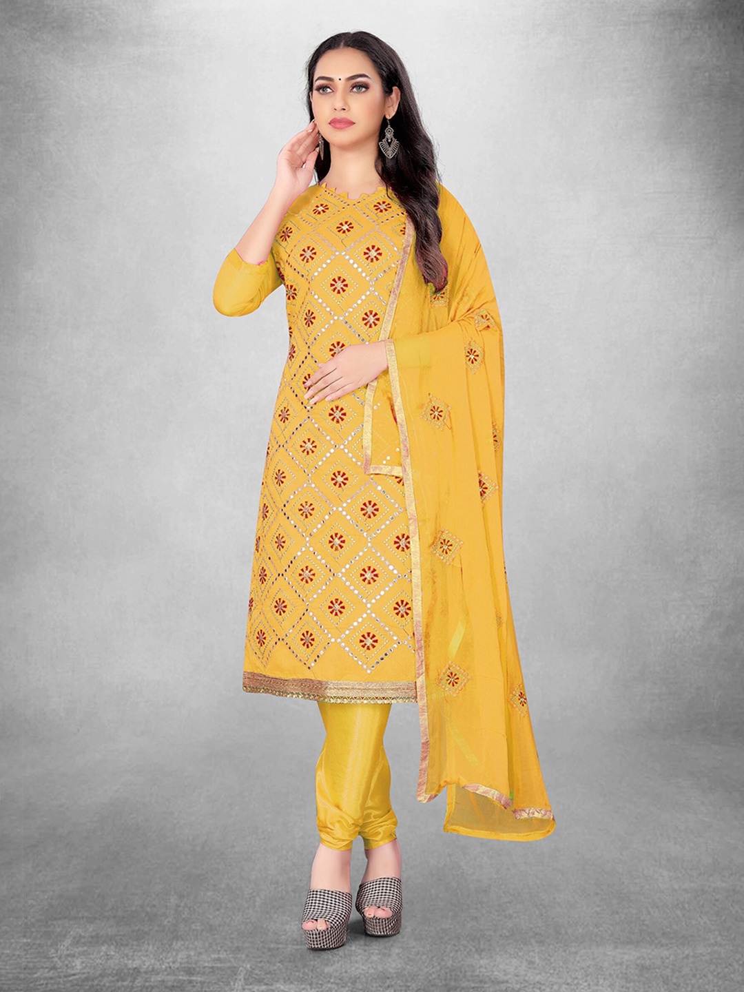 KALINI Embroidered Unstitched Dress Material, Yellow