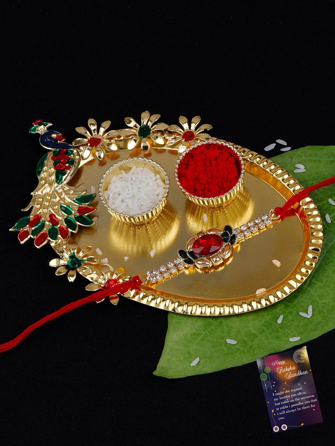 Silver Shine Unisex Stone-Studded Rakhi & Roli Chawal & Greeting Card &Pooja Thali, Gold
Silver Shine Unisex Stone-Studded Rakhi & Roli Chawal & Greeting Card &Pooja Thali, Gold